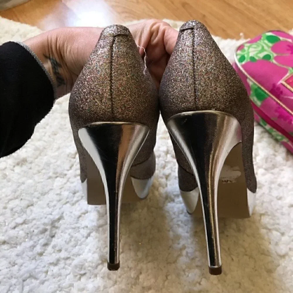 GUESS: Multicolored Rainbow Metallic Glitter Heels Platform Pumps Sz 8.5